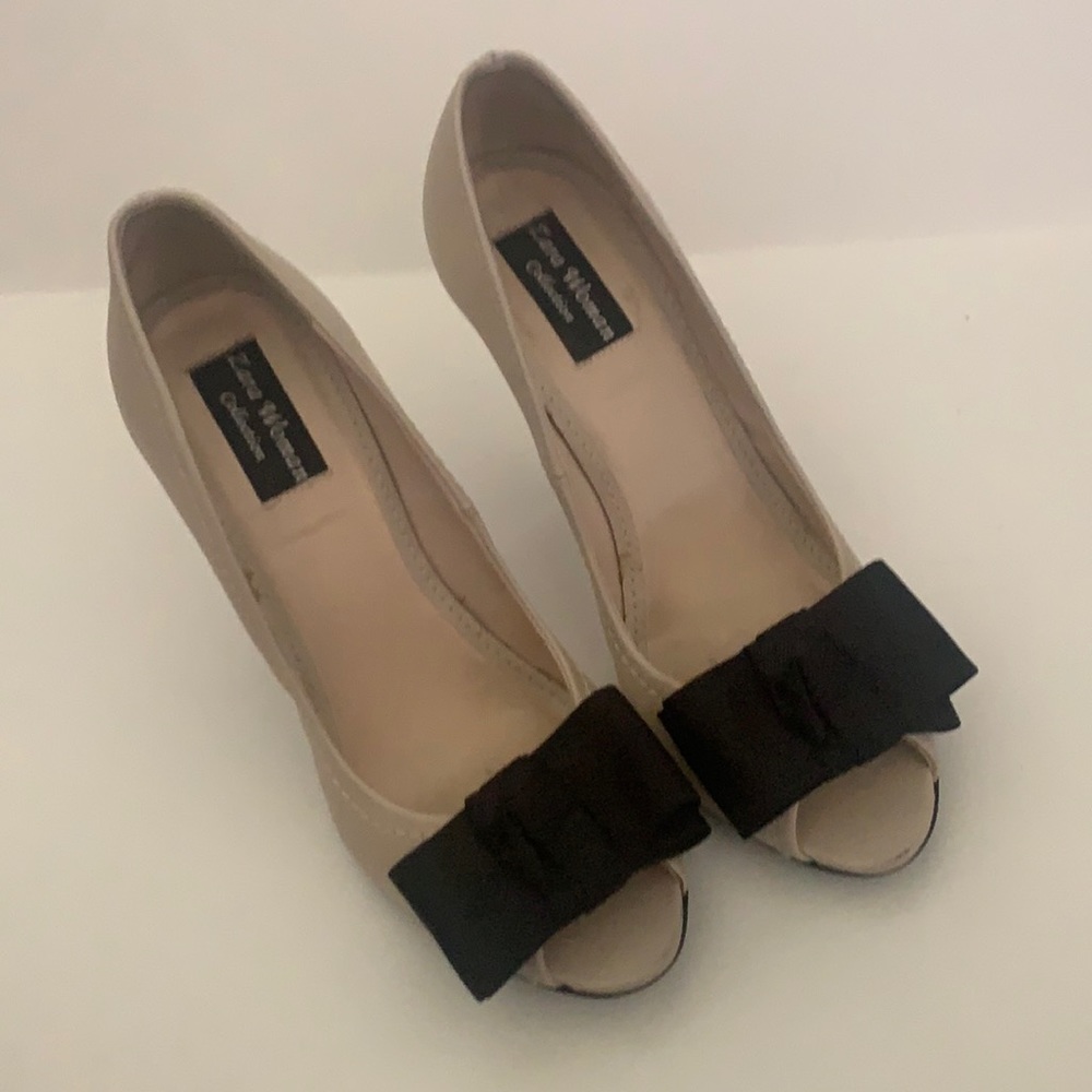Peep toe heels with black tuxedo bow tie